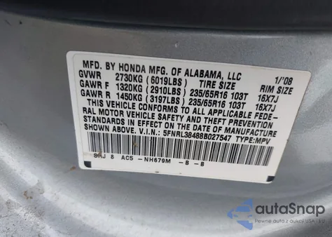 2008 Honda Odyssey Ex from USA, damaged, VIN 5FNRL38488B027547